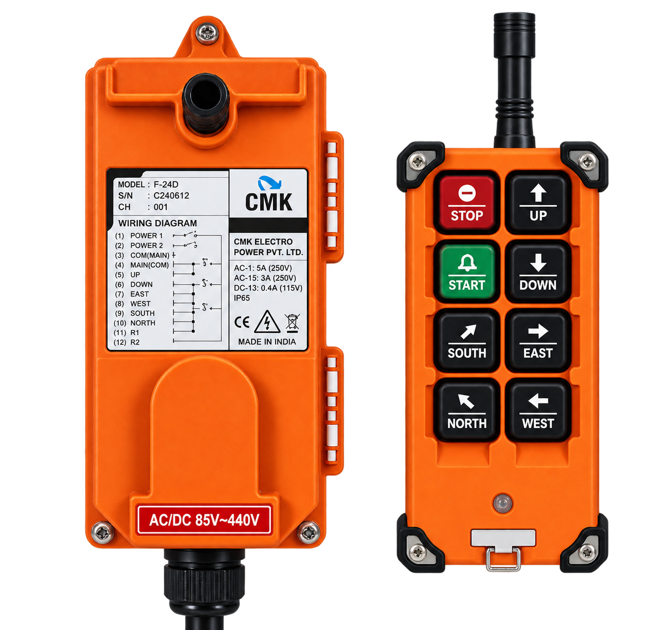 Wireless Radio Remote, 6 Single speed push button+1 off+1 on, IP-65, 100 Mtr, AC/DC